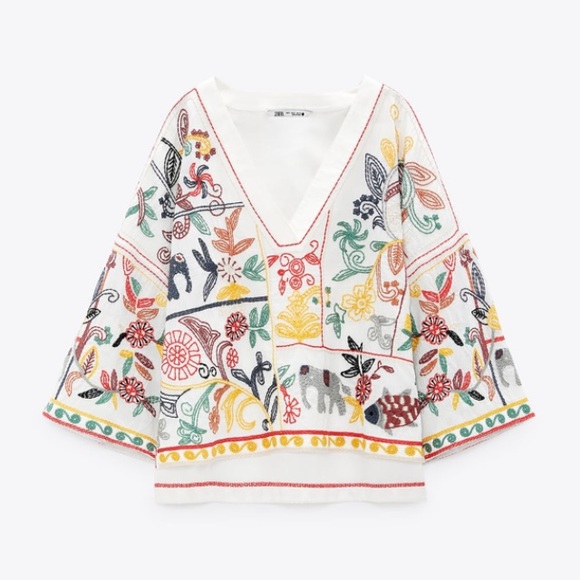 Zara V neck embroidered cotton shirt / blouse NWT - Picture 2 of 7